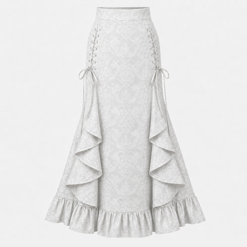 Women's Gothic Lace-Up Drawstring Tiered Ruffle Maxi Long Mermaid Pencil Skirt