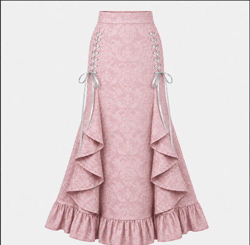 Women's Gothic Lace-Up Drawstring Tiered Ruffle Maxi Long Mermaid Pencil Skirt