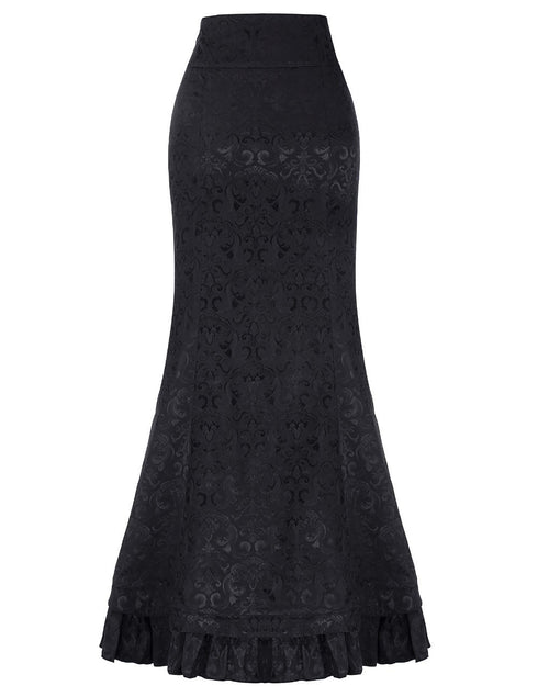 Gothic Steampunk Stitched Jacquard Long Mermaid Lace-Up Skirt