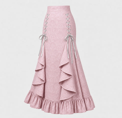 Women's Gothic Lace-Up Drawstring Tiered Ruffle Maxi Long Mermaid Pencil Skirt