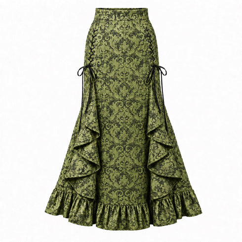 Women's Gothic Lace-Up Drawstring Tiered Ruffle Maxi Long Mermaid Pencil Skirt