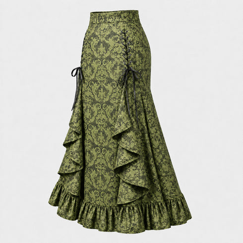 Women's Gothic Lace-Up Drawstring Tiered Ruffle Maxi Long Mermaid Pencil Skirt