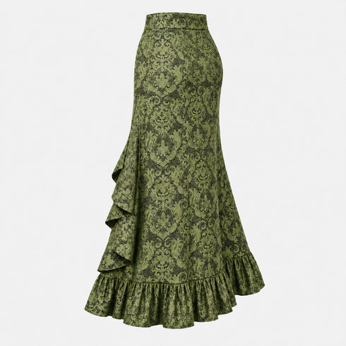 Women's Gothic Lace-Up Drawstring Tiered Ruffle Maxi Long Mermaid Pencil Skirt