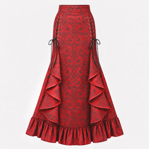 Women's Gothic Lace-Up Drawstring Tiered Ruffle Maxi Long Mermaid Pencil Skirt