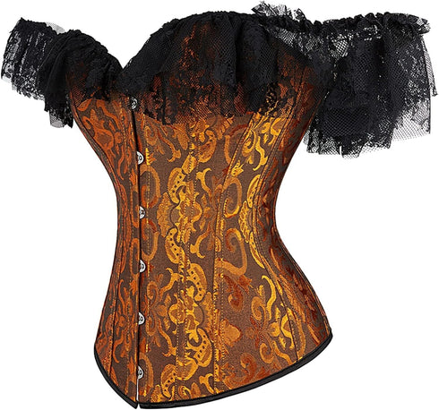 Women Corset Top with Lace Sleeve Bustier Waist Cincher Costume Tops