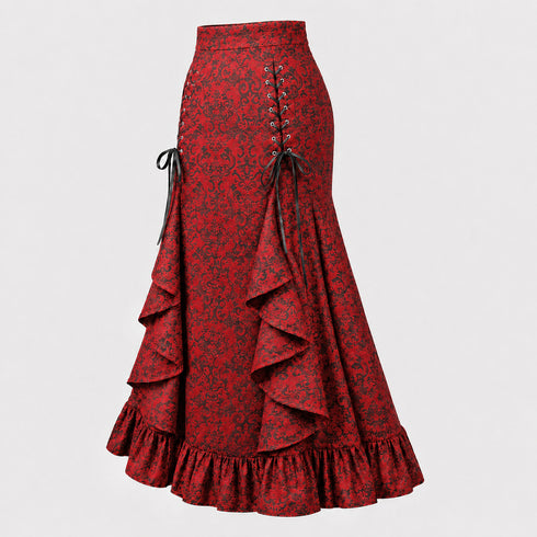 Women's Gothic Lace-Up Drawstring Tiered Ruffle Maxi Long Mermaid Pencil Skirt