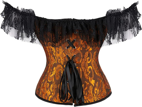 Women Corset Top with Lace Sleeve Bustier Waist Cincher Costume Tops