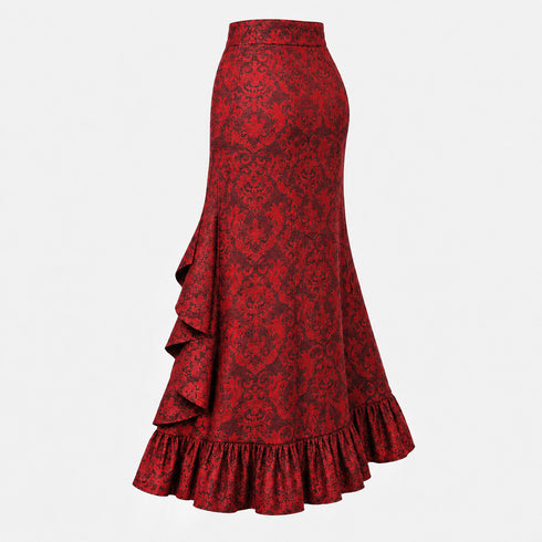 Women's Gothic Lace-Up Drawstring Tiered Ruffle Maxi Long Mermaid Pencil Skirt