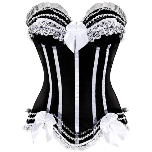 Stripe Bowknot Satin Lace Trim Bodice Overbust Corset