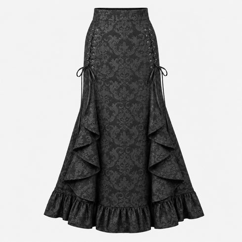 Women's Gothic Lace-Up Drawstring Tiered Ruffle Maxi Long Mermaid Pencil Skirt