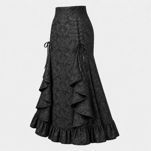 Women's Gothic Lace-Up Drawstring Tiered Ruffle Maxi Long Mermaid Pencil Skirt