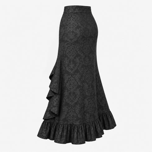 Women's Gothic Lace-Up Drawstring Tiered Ruffle Maxi Long Mermaid Pencil Skirt