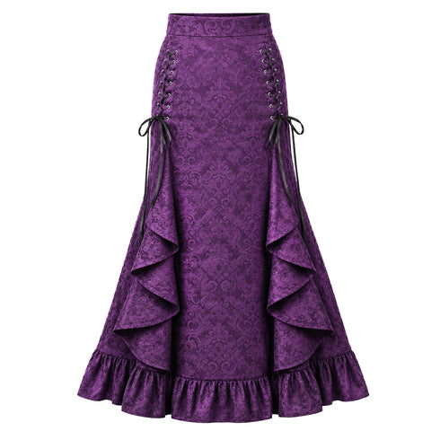 Women's Gothic Lace-Up Drawstring Tiered Ruffle Maxi Long Mermaid Pencil Skirt