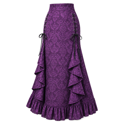 Women's Gothic Lace-Up Drawstring Tiered Ruffle Maxi Long Mermaid Pencil Skirt