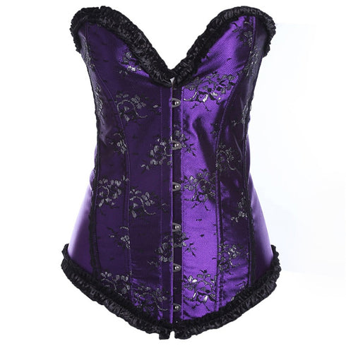 Beauty Floral Trim Burlesque Lace Up Overbust Corset