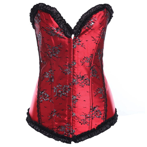 Beauty Floral Trim Burlesque Lace Up Overbust Corset