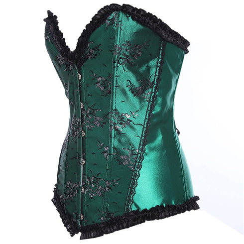 Beauty Floral Trim Burlesque Lace Up Overbust Corset