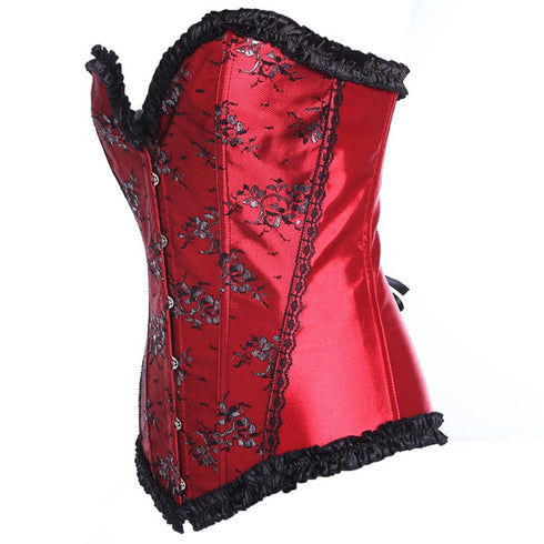 Beauty Floral Trim Burlesque Lace Up Overbust Corset