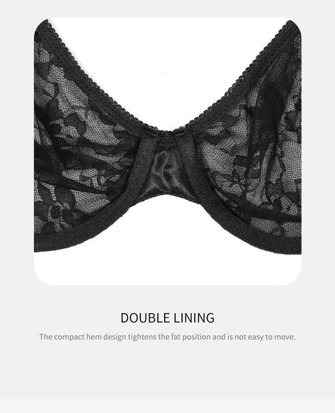 Comfort Breathable Anti-Sagging Push Up Ultra Thin Underwired Black Plus Size Lace Bra