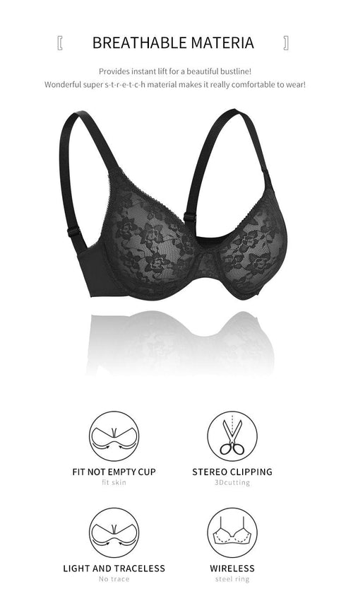 Comfort Breathable Anti-Sagging Push Up Ultra Thin Underwired Black Plus Size Lace Bra