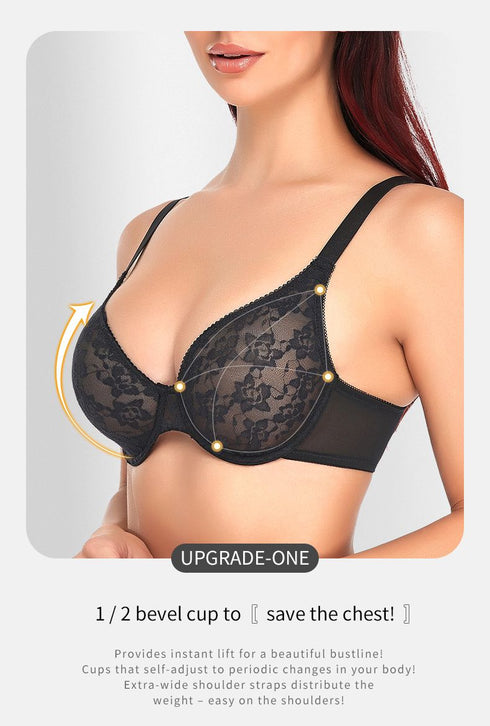 Comfort Breathable Anti-Sagging Push Up Ultra Thin Underwired Black Plus Size Lace Bra