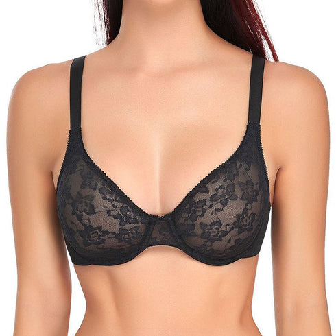 Comfort Breathable Anti-Sagging Push Up Ultra Thin Underwired Black Plus Size Lace Bra