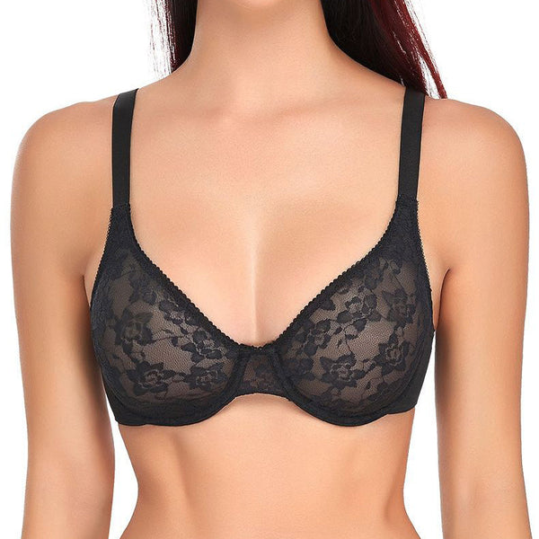 Comfort Breathable Anti-Sagging Push Up Ultra Thin Underwired Black Plus Size Lace Bra