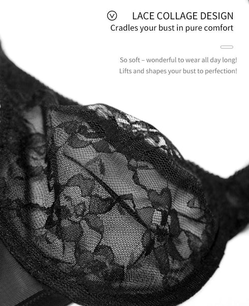 Comfort Breathable Anti-Sagging Push Up Ultra Thin Underwired Black Plus Size Lace Bra