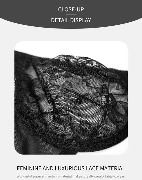 Comfort Breathable Anti-Sagging Push Up Ultra Thin Underwired Black Plus Size Lace Bra