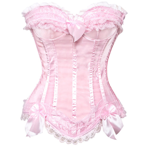 Cosplay Bowknot Hourglass Satin Lace Trim Overbust Corset