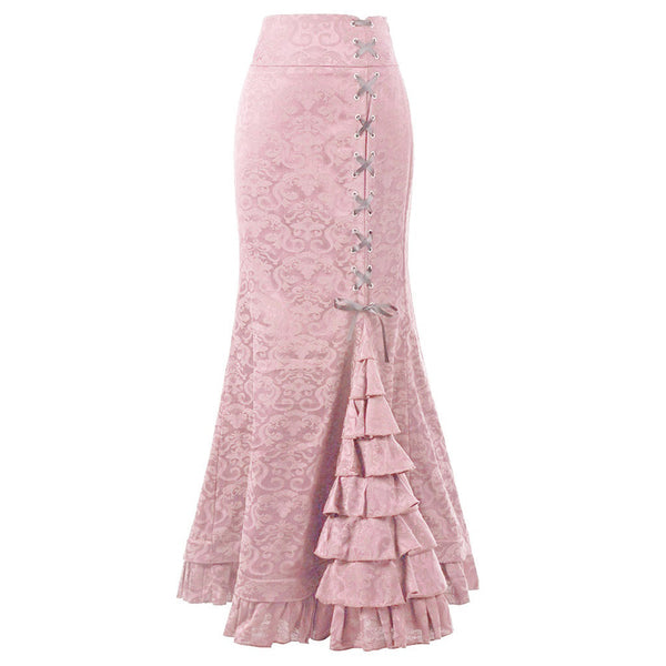 Gothic Steampunk Stitched Jacquard Long Mermaid Lace-Up Skirt