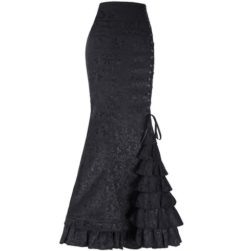 Gothic Steampunk Stitched Jacquard Long Mermaid Lace-Up Skirt