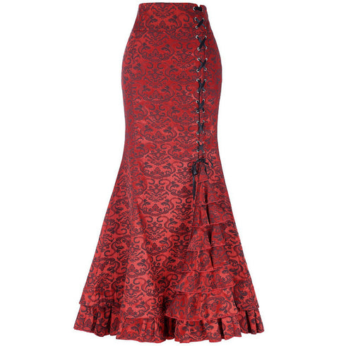 Gothic Steampunk Stitched Jacquard Long Mermaid Lace-Up Skirt