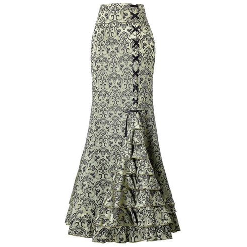 Gothic Steampunk Stitched Jacquard Long Mermaid Lace-Up Skirt