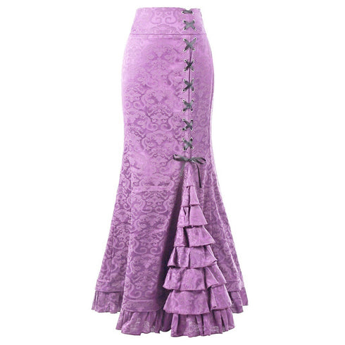 Gothic Steampunk Stitched Jacquard Long Mermaid Lace-Up Skirt