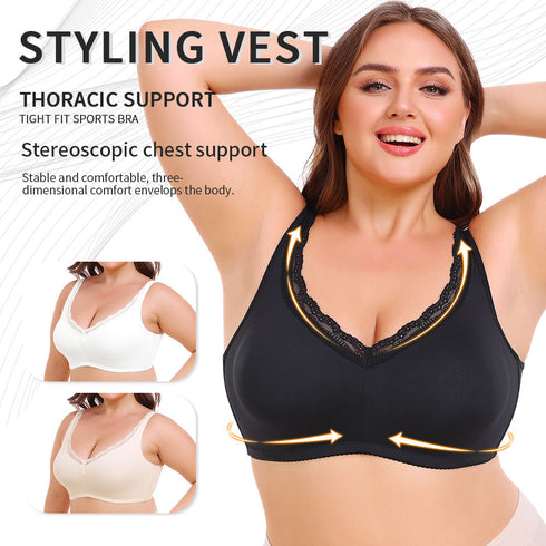 Plus Size Women's Wireless Bra Full Cup Large Breast Support Solid Lace Decoration