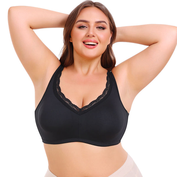 Plus Size Women's Wireless Bra Full Cup Large Breast Support Solid Lace Decoration