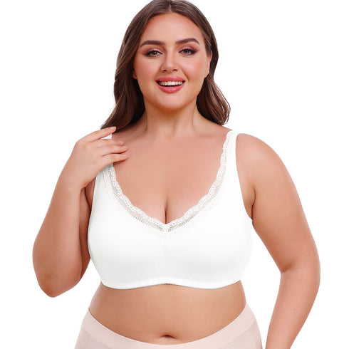 Plus Size Women's Wireless Bra Full Cup Large Breast Support Solid Lace Decoration