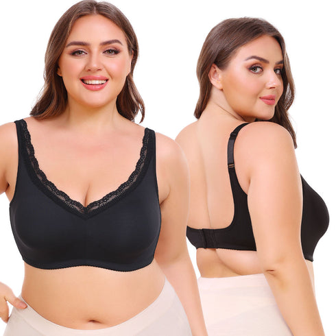 Plus Size Women's Wireless Bra Full Cup Large Breast Support Solid Lace Decoration