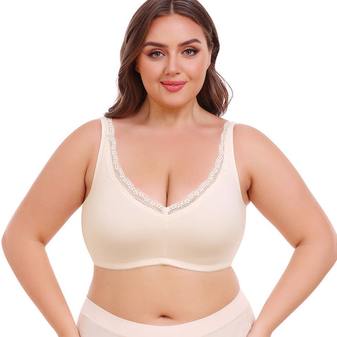 Plus Size Women's Wireless Bra Full Cup Large Breast Support Solid Lace Decoration