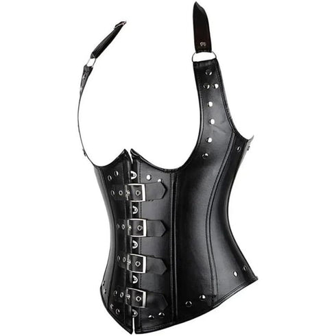 Leather Halter Cupless Rivet Steampunk Underbust Corset with Buckles
