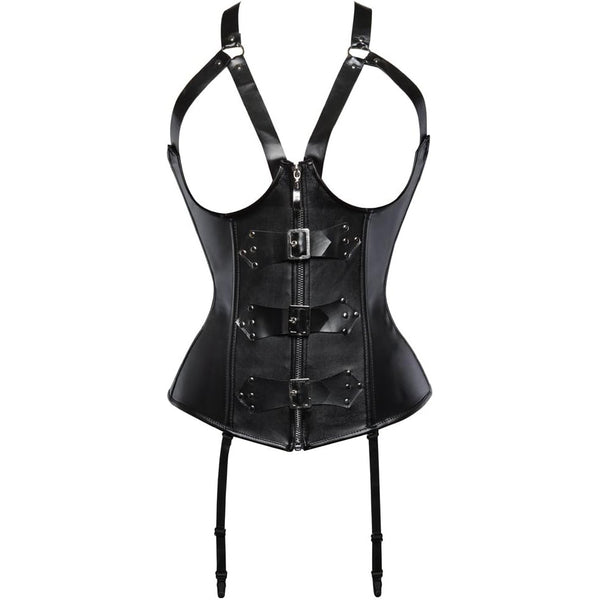 Leather Sexy Suspender Buckle Zip Cupless Open Bust Underbust Corset