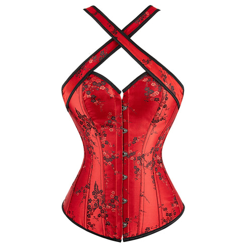 Women's Satin Floral Lace up Trim Overbust Corset Bustier Plus Size Bodyshaper Top