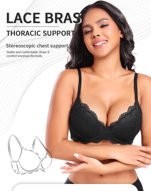 French Style Plus Size Lace Bra - Ice Silk Push-Up Adjustable Straps Embroidery