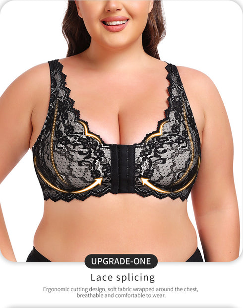 Women's Plus Size Front Closure Wireless Bralette Contrast Lace Scallop Trim Bras