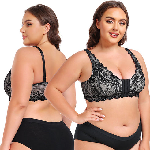Women's Plus Size Front Closure Wireless Bralette Contrast Lace Scallop Trim Bras