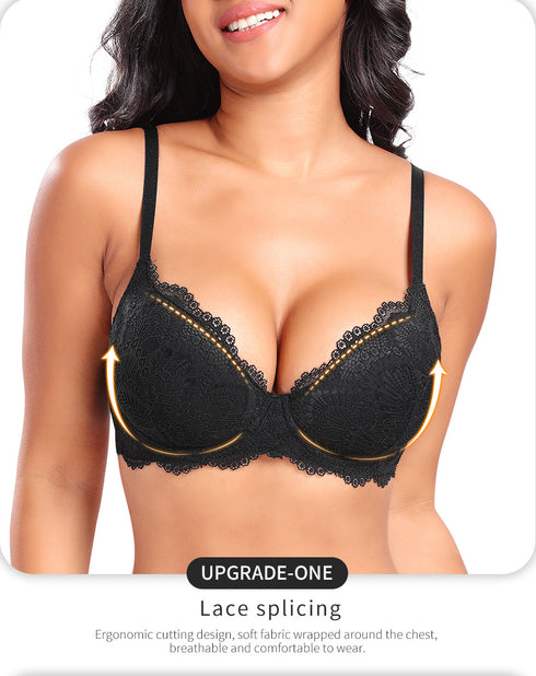 French Style Plus Size Lace Bra - Ice Silk Push-Up Adjustable Straps Embroidery