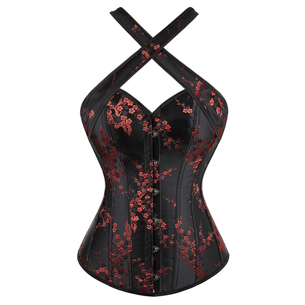 Women's Satin Floral Lace up Trim Overbust Corset Bustier Plus Size Bodyshaper Top