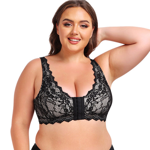 Women's Plus Size Front Closure Wireless Bralette Contrast Lace Scallop Trim Bras