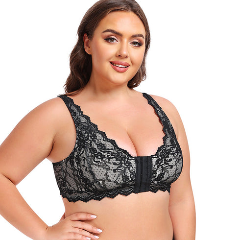 Women's Plus Size Front Closure Wireless Bralette Contrast Lace Scallop Trim Bras